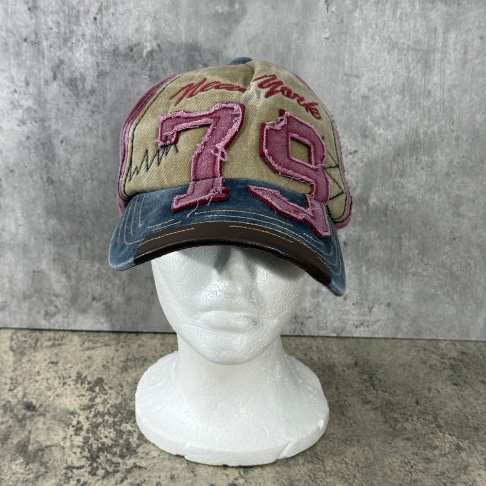 New York 79 Distressed Baseball Cap Blue Tan Maroon Y2K Indie Adjustable Hat